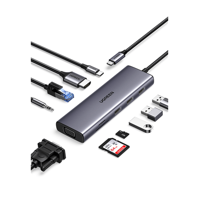 Hub USB-C / 10 en 1 / HDMI 4K@30Hz / VGA 1920×1200 / 3x USB 3.0 5Gbps / Ethernet Gigabit / SD/TF / PD 100W / Audio 3.5mm / Aluminio