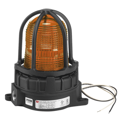 Luz de Advertencia LED / Ubicaciones Peligrosas / 24 VCD / Ámbar / IP66 e IP69K / -50°C a 66°C / Montaje Superficie o Tubería 3/4″