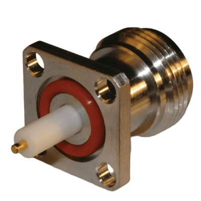 Conector RF / N Hembra / Soldable / Chasis 4 perforaciones / 18 mm / Bronce plateado / Contacto oro