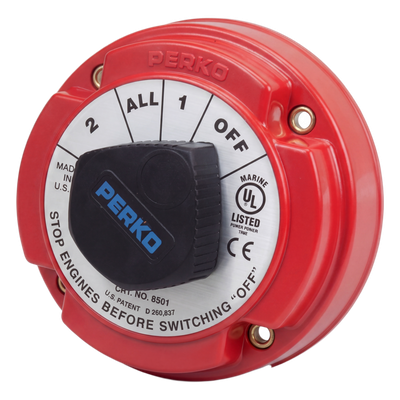 Switch Selector de Batería Marina / 250A Continuos / 360A Intermitentes / 6-32 VCC / 4 Posiciones 1-2-Both-Off / Desconexión de Alternador Integrada / Encendido Protegido
