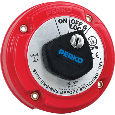 Interruptor de Desconexión de Batería Marina / 250 A Continuos / 360 A Intermitentes / 6-32 VCC / Bloqueo con Llave / Montaje en Superficie / Encendido Protegido