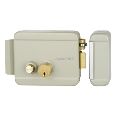 Cerradura Eléctrica con Botón de Salida / Doble Cerrojo / Exterior Derecha / 12 VCA 2.5A / Compacta 129 x 103 x 38 mm