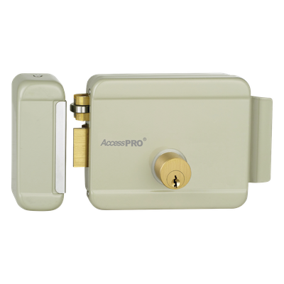 Cerradura Eléctrica / Doble Cerrojo / 12 VCA 2.5 A / Activación por Pulso 2 s / Exterior / Puerta Izquierda