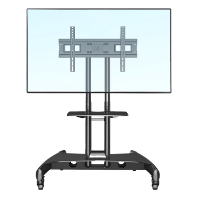 Soporte Móvil para Pantalla / 32″ a 75″ / Carga 45.5 kg (100 lbs) / VESA 200×200 a 600×400 mm / Altura Ajustable 1120-1520 mm (3.67 a 4.99 ft) / Base para Accesorios / 4 Ruedas 360°