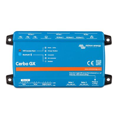 Centro de comunicaciones / Monitoreo remoto / Pantallas táctiles 5″ y 7″ / Conectividad Bluetooth / VRM / VE.Direct, VE.Bus, VE.CAN, USB