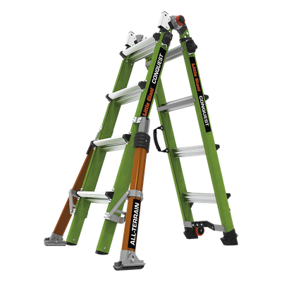 Escalera Multi-Posiciones / 6.7 m (22′) / Suelos Inclinados / Bloqueo Rápido / Almohadilla Giratoria / Ruedas Tip Glide