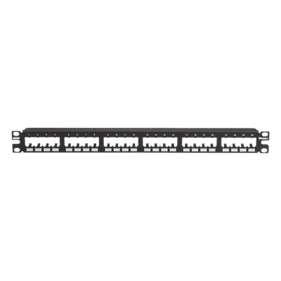 Panel de Parcheo Modular / 24 Puertos / 1UR / Montaje al Ras / 19″ o 23″ / Sin Blindaje / CRS y ABS