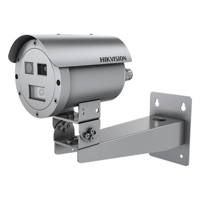 Cámara Bala IP Térmica Dual / Térmico 384×288 15 mm / Óptico 4 MP 15 mm / Termométrica -20°C a 150°C / IP68 / IR 30 m (98.4 ft) / Antiexplosión / Anticorrosión