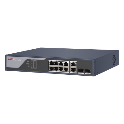 Switch PoE+ / Administrable / Uso en Rack / 8 Puertos 10/100 PoE+ / 2 Puertos 1000 Mbps Uplink / 2 Puertos SFP / Configuración Nube desde Hik-PartnerPro / Modo Extendido hasta 300 Metros / 125 W