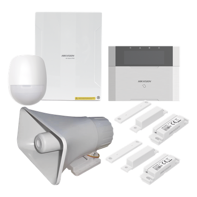 Kit Panel de Alarma Híbrido / 64 Zonas Cableadas e Inalámbricas / Teclado LCD con Lector de Tags / Sirena 120 dB IP65 / PIR 18 m Inmunidad Mascotas 10 kg