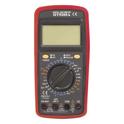 Multímetro Digital / 600 V CC/CA CAT II / 1999 Recuentos / LCD 67 x 42 mm / Corriente 10 A / Resistencia 200 MΩ / HFE Transistores