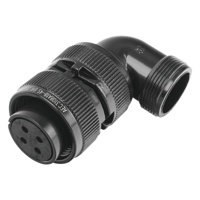Conector Hembra en Ángulo Recto / 4 Contactos / Terminales Soldables / AWG 14-12 / Cuerpo Plateado Negro / Aislante Delrin / 90°