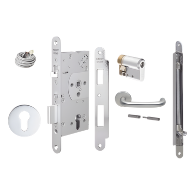 Kit de cerradura electrificada / Perfil sólido 60/24mm / Control de acceso por señal de sistema / Apertura manual emergencia / Acero inoxidable