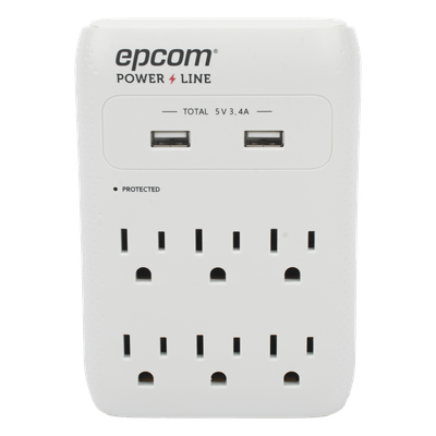 Multicontacto de Pared / 6 Salidas NEMA 5-15R / Supresor de Picos 1080 J / 2 x USB-A 5V/3.4A / 1800W / Filtro EMI/RFI 40 dB