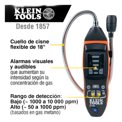 Detector de Fugas de Gas Combustible / 50-10,000 ppm / Sensor Electroquímico / Cuello Flexible 18» (1.5 ft) / Alarma 85 dB