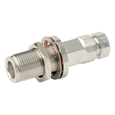 Conector N Hembra de Chasis / Auto-sujetado / FSJ1-50A 1/4″ / 50 Ω / DC-6000 MHz / Oro-Plata-Trimetal