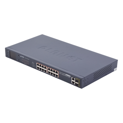 Switch PoE+ / 16 Puertos 10/100 Mbps / 2 Gigabit Combo TP/SFP / 300W / LCD y VLAN Extended / ±4kV