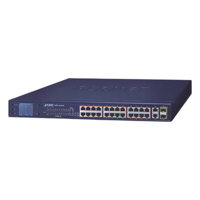 Switch PoE No Administrable / 24 Puertos 10/100 Mbps / 2 Puertos Combo Gigabit TP/SFP / PoE 802.3af/at 300 W / Alcance Extendido 250 m (820.2 ft) / Pantalla LCD