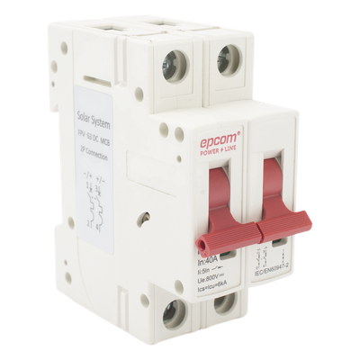 Interruptor Termomagnético 2P / 40 A / 800 V CC / Curva C / 6 kA / Riel DIN