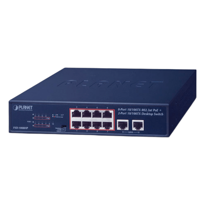 Switch de Escritorio / 8 Puertos 10/100TX PoE+ / 2 Puertos 10/100TX / 120W PoE Budget / Alcance Extendido 250m (820 pies)