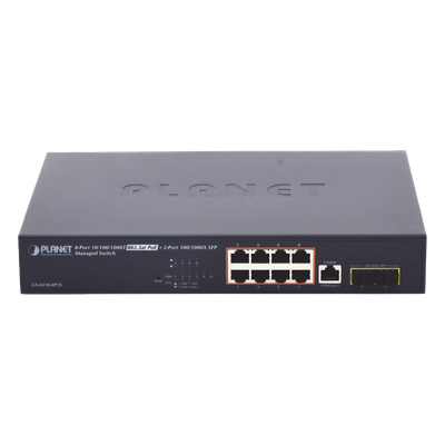 Switch Administrable PoE+ / 8 Puertos Gigabit 802.3at 30W / Presupuesto PoE 140W / 2 Puertos SFP con DDM / Alcance Extendido 250 m (820.2 ft) / Dual Stack IPv6/IPv4 / CloudNMS
