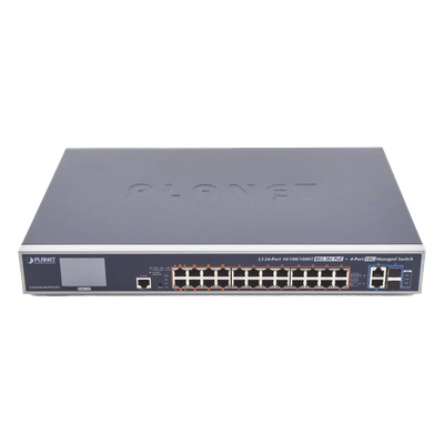 Switch Administrable L3 / 24 Puertos Gigabit PoE 802.3bt / 2 Puertos 10G SFP+ / Pantalla Táctil LCD / Fuente Redundante / 600W