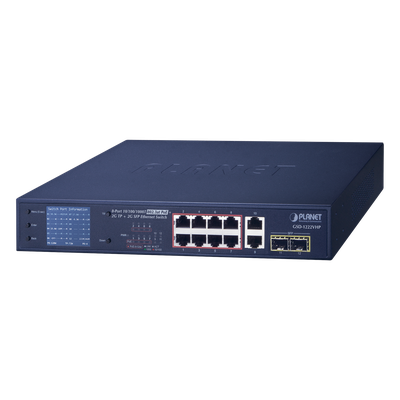 Switch PoE No Administrable / 8 Puertos Gigabit RJ45 / 2 Uplink Gigabit / 2 SFP / PoE 802.3af/at 32W / Presupuesto 120W / Extender 250 m (820 ft) / Pantalla LCD