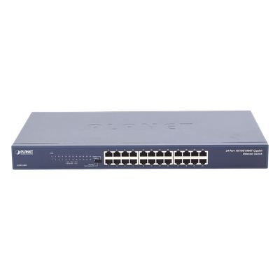 Switch Gigabit No Administrable / 24 Puertos 10/100/1000 Mbps / Alcance Extendido 200 m (656.2 ft) / 48 Gbps Switching Fabric / Montaje Rack 1U