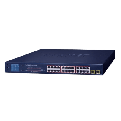 Switch PoE / 24 Puertos Gigabit 802.3af/at / 2 SFP 1000SX / LCD Inteligente / Modo Extendido 250 m (820.2 ft) / 300 W PoE / 52 Gbps