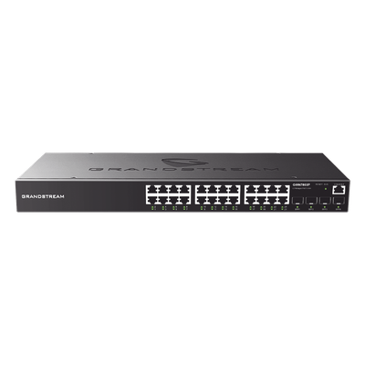Switch PoE+ Administrable / 24 Puertos Gigabit / 4 SFP Uplink / 360W PoE Total / 56 Gbps Switching / Cloud Gratuito / Rack 19″