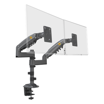 Brazo de Escritorio para 2 Monitores / 17 a 27 Pulgadas / Carga 9 kg por Monitor / VESA 75×75 y 100×100 / Rotación 360° / Amortiguador de Gas / Acero