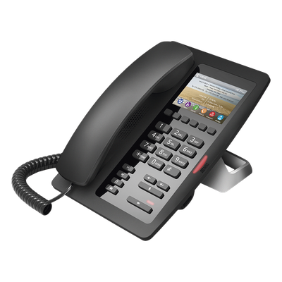 Teléfono IP Hotelero / Pantalla LCD Color 3.5″ / 2 Líneas SIP / 6 Teclas Hotline / Puerto USB Carga / PoE 802.3af / Personalización Logo Hotel