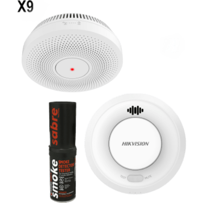 Kit de Detección de Humo / 9 Detectores Interlink + Hub Wi-Fi / Interconectable 30 Dispositivos / Batería 10 Años / Alarma 85 dB / Probador SABRE Incluido / Hik-Connect