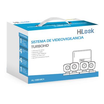 Kit TurboHD / 4 Canales / 4 Cámaras Bala 2 Megapixel / IR 20 m (65.6 ft) / H.265+ / IP66 / HDMI y VGA Simultáneo