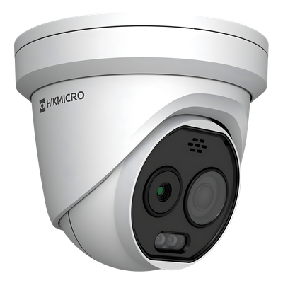 Cámara Turret IP Bi-espectral / Térmica 256×192 / Óptica 5 Megapixel / Detección de Temperatura -20°C a 650°C / Dual Light 30 m (98.4 ft) / IA Avanzada