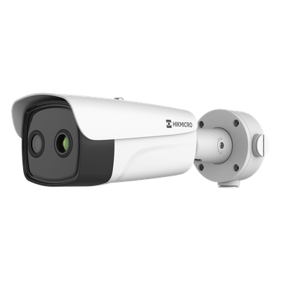 Cámara Bala IP Bi-espectral / Térmica 256×192 / Óptica 5 MP / IA Guanlan / Medición -20°C a 150°C / Detección 10 Puntos de Fuego / Iluminador Dual 30 m (98.4 ft) / PoE / IP67 / IK10