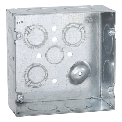 Caja Cuadrada de Acero Galvanizado / Montaje Superficial / 12 Entradas TKO / Capacidad 42 in³ / Dimensiones 4.688 x 4.688 x 2.125 in
