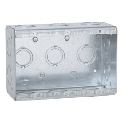Caja Multigang / 3 Gangs / Profundidad 2.5 in / 16 Entradas 1/2″ y 3/4″ / Capacidad 47.8 in³ / Acero Galvanizado / UL Listed