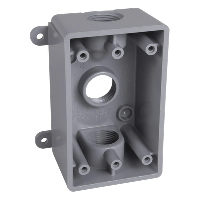 Caja Impermeable / 1 Gang / 3 Salidas Roscadas 1/2 – 3/4 in / Profundidad 2 in (5.08 cm) / 16.5 in³ / Gris