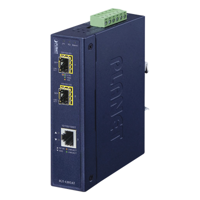 Convertidor de Medios Industrial / 1x Ethernet 10/100/1000 Base-T / 2x SFP 100/1000/2500 Base-X / -40 a 75°C / 12-48V DC