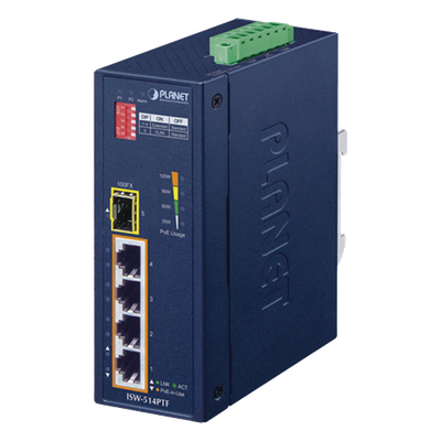 Switch Industrial PoE / 4 Puertos 10/100 Mbps / 1 Puerto 100Base-FX / Rango -40 a 75°C (-40 a 167°F) / IP30 / Conmutación 1 Gbps