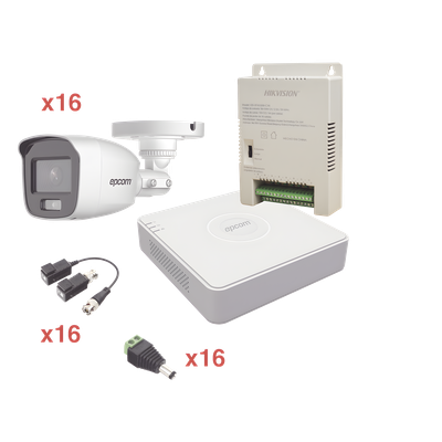 Kit TurboHD / 1080p Lite / DVR 16 Canales / 16 Cámaras Bala / 2.8 mm / ColorVu 20 m (65.6 ft) / Audio Integrado