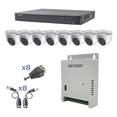Cámara Turret / 2 MP 1080p / IR 20 m (65.6 ft) / Lente 2.8 mm / 103° / Exterior IP66 / Starlight / Audio por Coaxitron / Up the Coax / Compatibilidad 5 Tecnologías / Carcasa Metálica / Fuente Multitensión 12-15 Vcc / Transceptores UTP Pasivos / Kit Completo 8 Canales