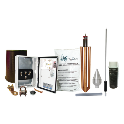 Kit Pararrayo / Protección 160 m (524.9 ft) de Diámetro / Punta Acero Inoxidable / Mástil 1.2 m (3.9 ft) / Sistema de Disipación con Mejorador de Suelo 11 kg / Magnetoactivo