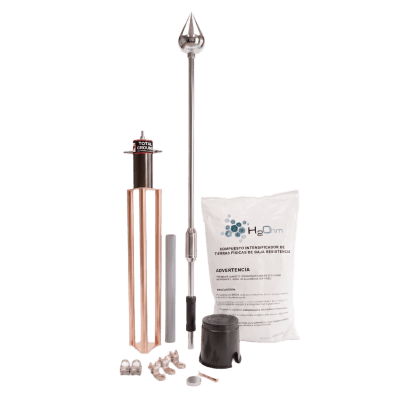 Kit Pararrayo con Avance de Cebado / 60 m (196.9 ft) / Punta Acero Inoxidable / Resistencia < 2 Ohm / 100 A / Compuesto H2OHM Certificado
