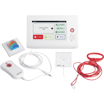 Kit de Habitación Hospitalaria PRO / Terminal IP 7″ Táctil + Pulsador Cama IP67 + Luz Cuatricolor + Tirador Baño / Comunicación Paciente-Enfermero VoIP SIP / PoE / Antibacteriano