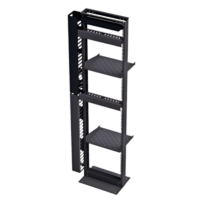 Kit organizador de redes / Rack 19′ tipo L 45U / 2 organizadores verticales 45U total / 2 organizadores horizontales 2U / Regleta 8 salidas / Charolas y accesorios