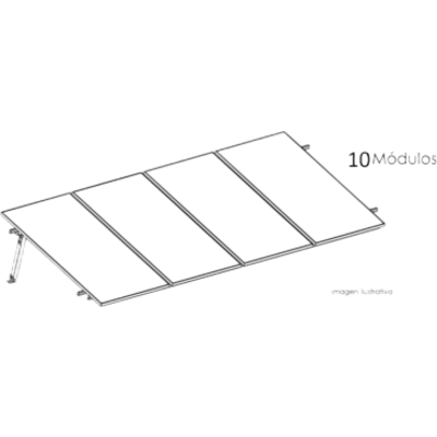 Estructura de Montaje Fotovoltaico / Losa Plana / Configuración 1×3 / Viento 170 km/h / Inclinación 10° / Rieles E-O 3.55 m (11.65 ft) / Rieles N-S 2.14 m (7.02 ft) / Altura 0.52 m (1.71 ft) / Área 10 m² / Módulos 645