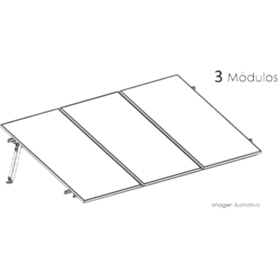 Estructura de Montaje Fotovoltaico / Losa Plana / Configuración 1×3 / Viento 170 km/h / Inclinación 10° / Rieles E-O 3.55 m (11.65 ft) / Rieles N-S 2.14 m (7.02 ft) / Altura 0.52 m (1.71 ft) / Área 10 m² / Módulos 645