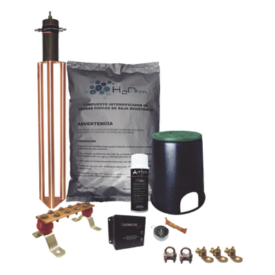 Kit de Tierra Física / Electrodo Magnetoactivo 45 A / Resistencia < 2 Ohm / Supresor de Picos SOHO / Instalación Permanente 20 Años